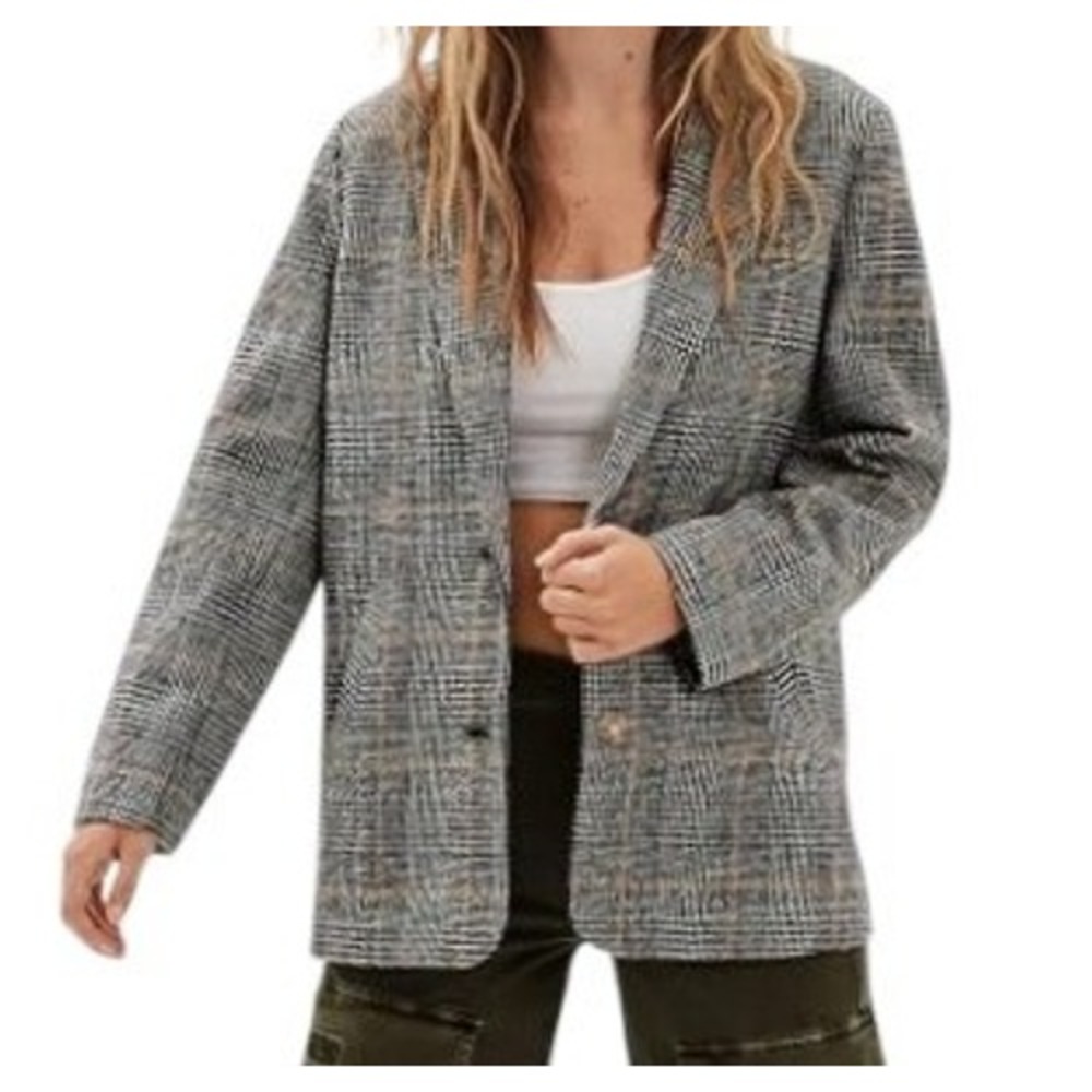 American Eagle Womens XL Black Tan Glen Plaid Wool Blend Oversized Blazer